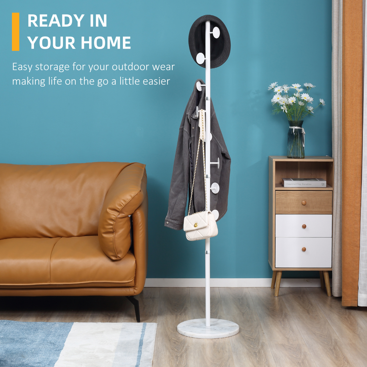HOMCOM Steel Coat Stand Rack Marble Base 8 Hook for Living Room Entryway,White