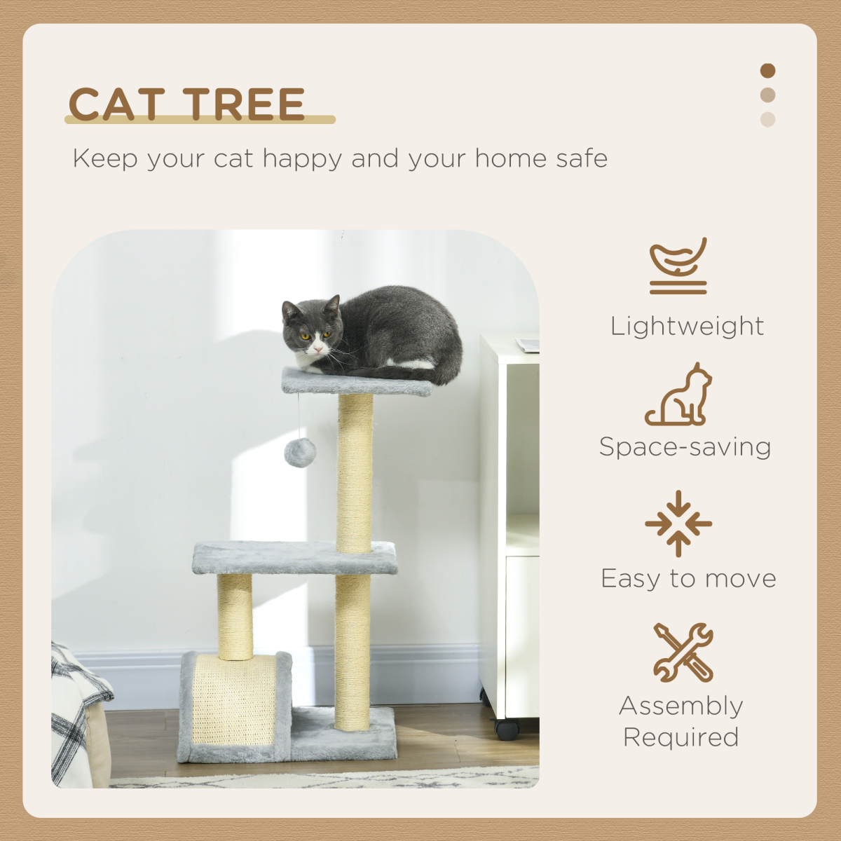 PawHut 72cm Cat Tree Climbing Tower with Sisal Scratching Post - Light Grey