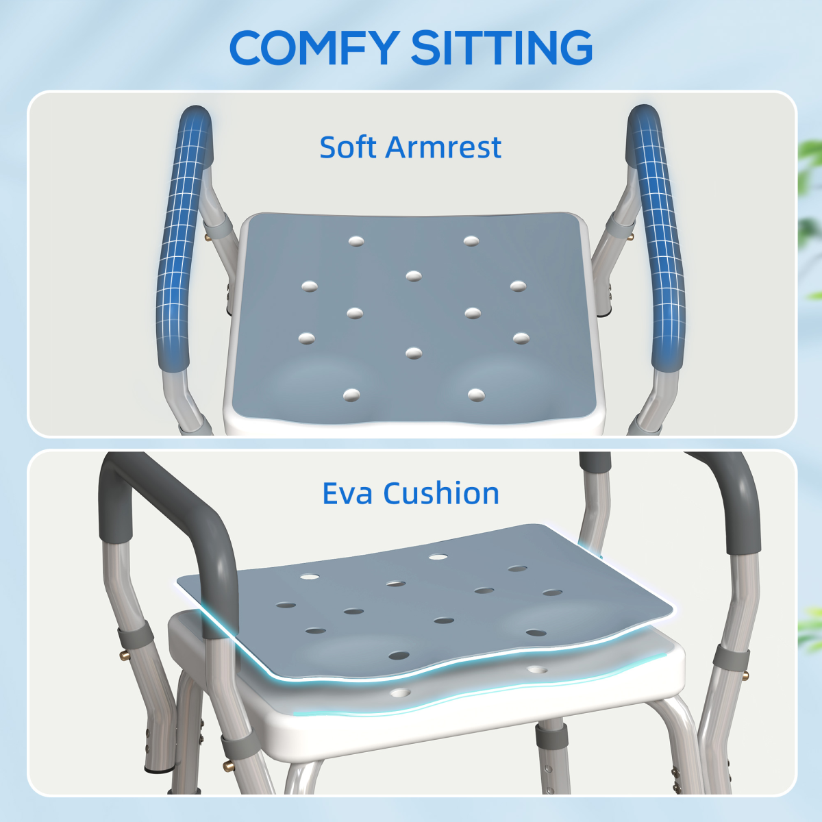 HOMCOM Rust-Free Aluminium Bath Chair with Adjustable Height, Light Blue