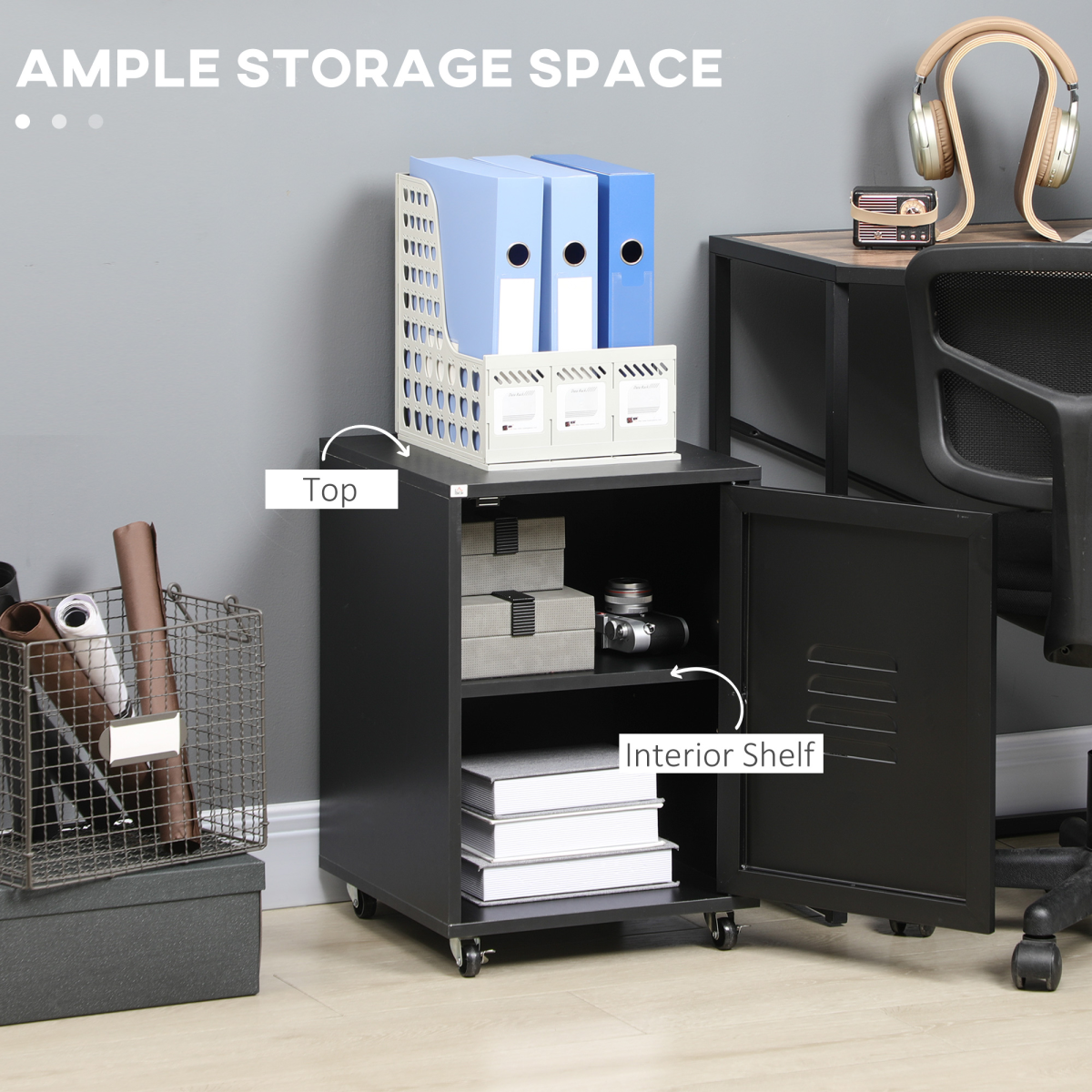 Bedside Table, Rolling End Side Table, Mobile Storage Cabinet Black
