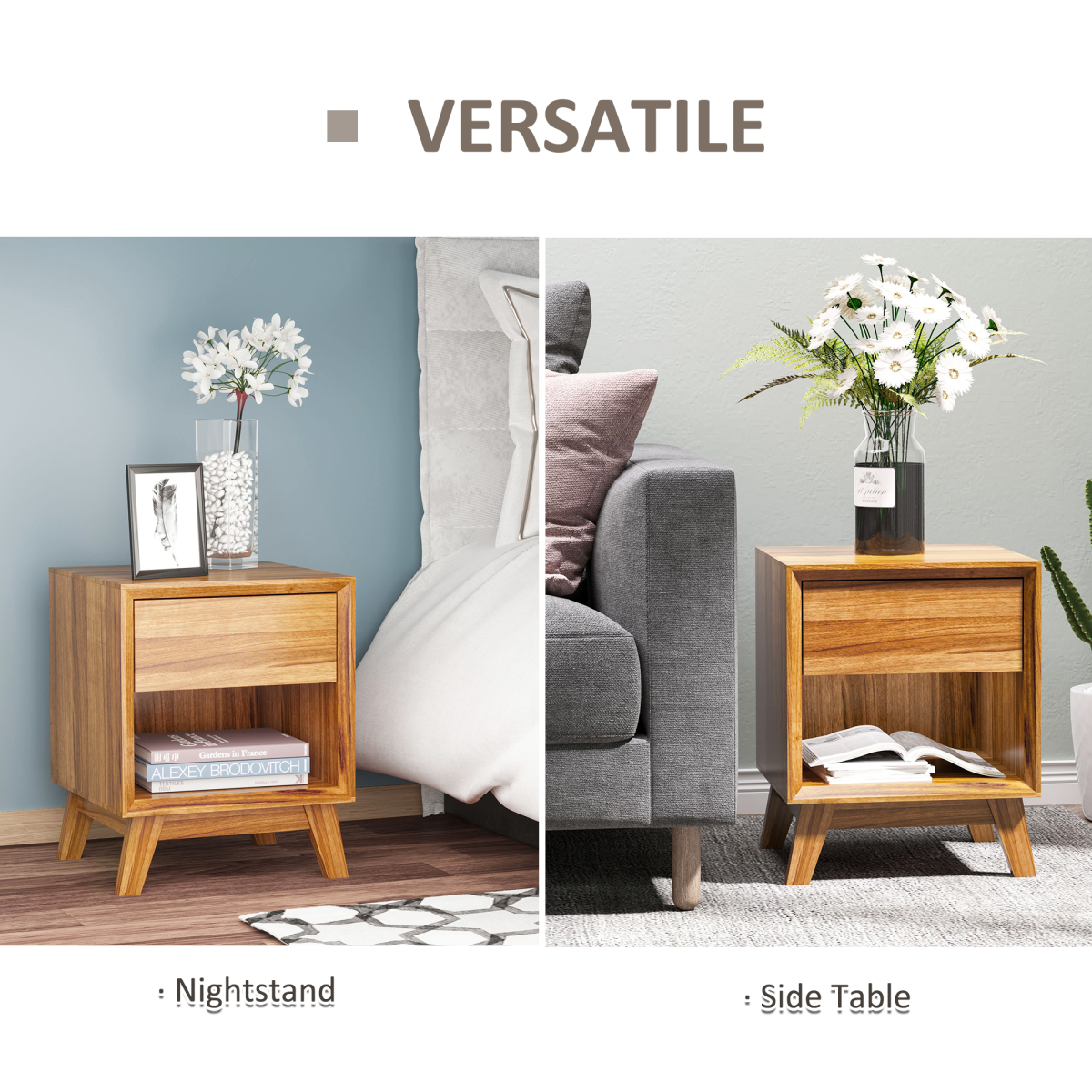 HOMCOM Bedside Table Storage Organizer Side Table  Drawer and Shelf Bedroom