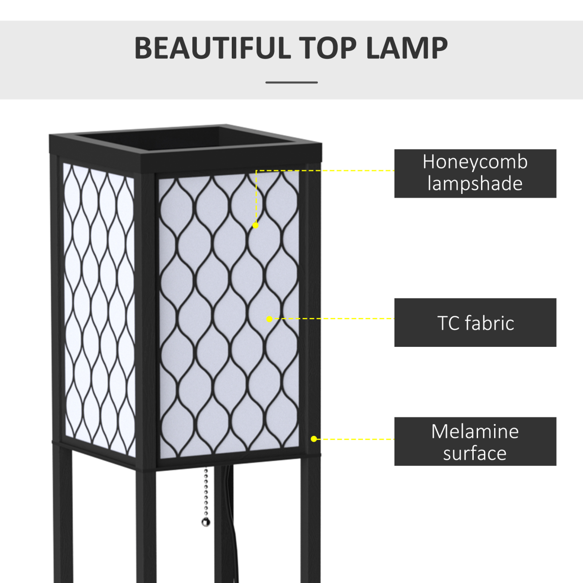 HOMCOM Modern Floor Lamp Light with 3 Shelves Fabric Lampshade Black