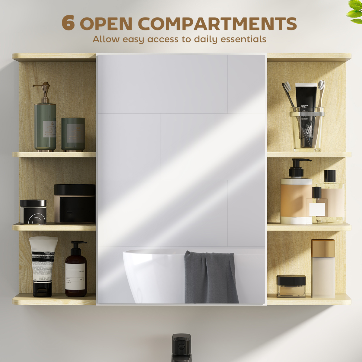 HOMCOM Bathroom Wall Cabinet with Mirror and Open Storage Shelves Natural