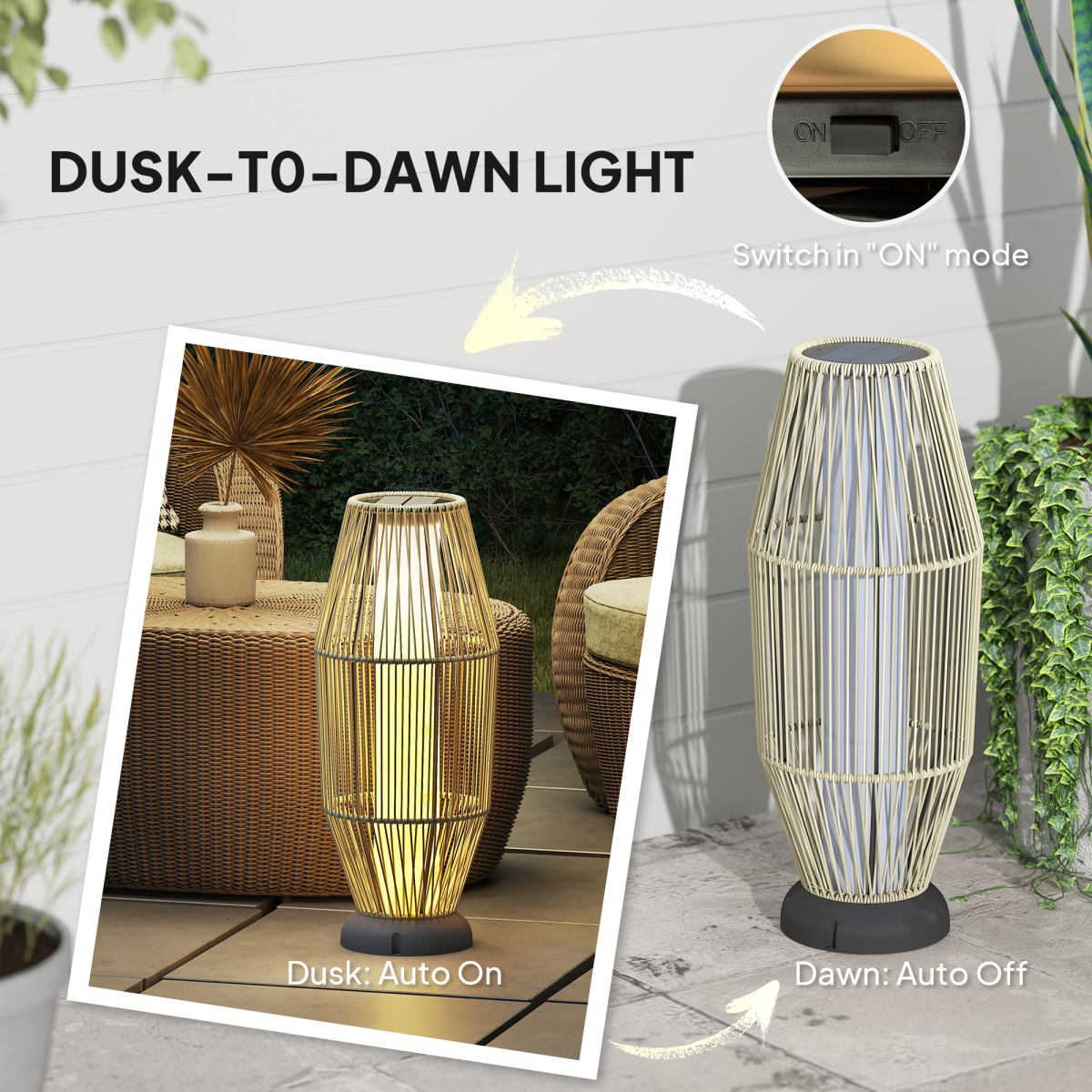 Outsunny 72 cm Rattan Solar Floor Lamp, Auto On/Off LED Garden Light, Grey