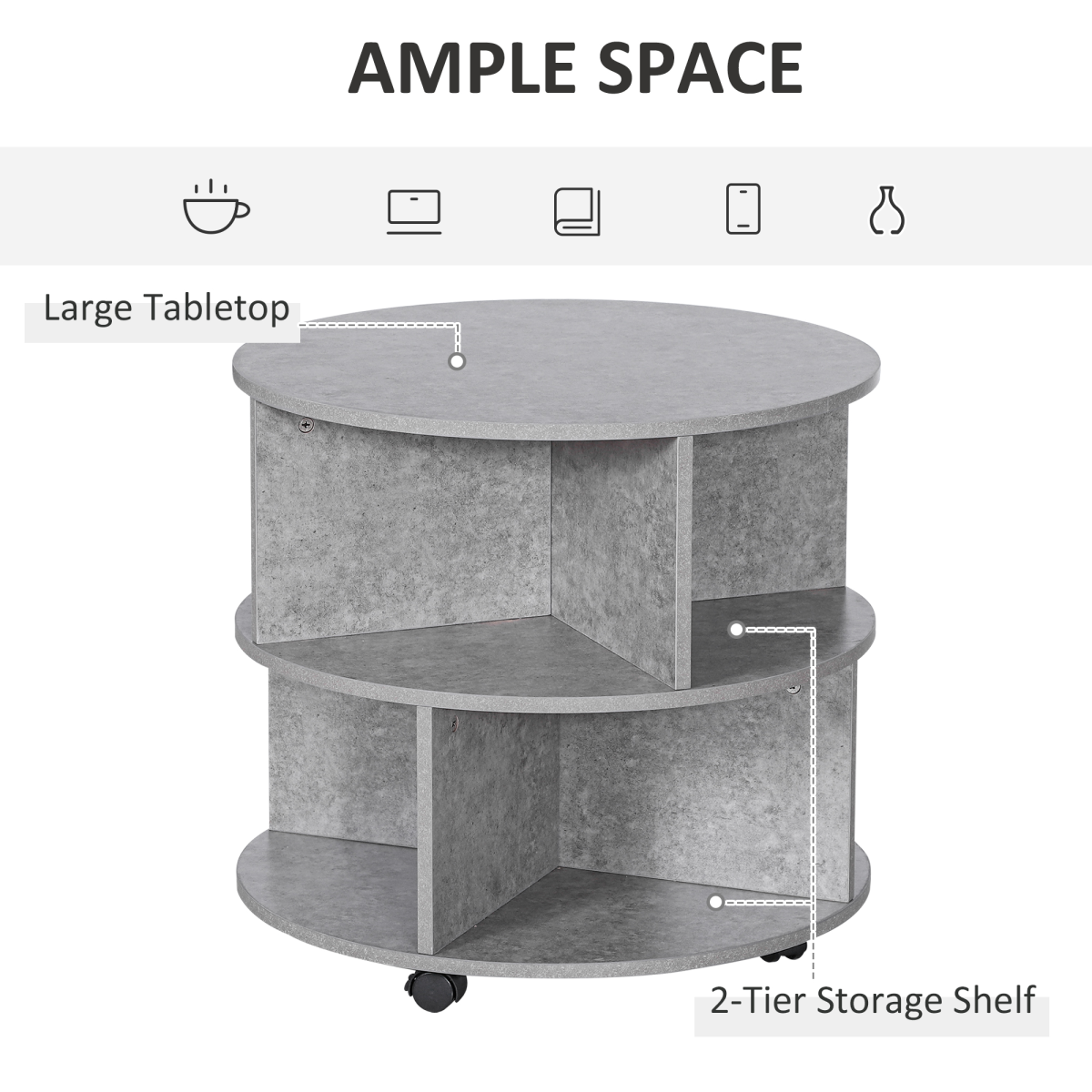 Coffee Table, 2-Tier, ?60x39.5H cm-Cement Colour