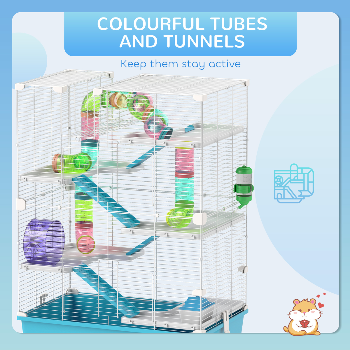 PawHut 6 Tier Hamster Cage with Twin Tower and Accessories, Light Blue