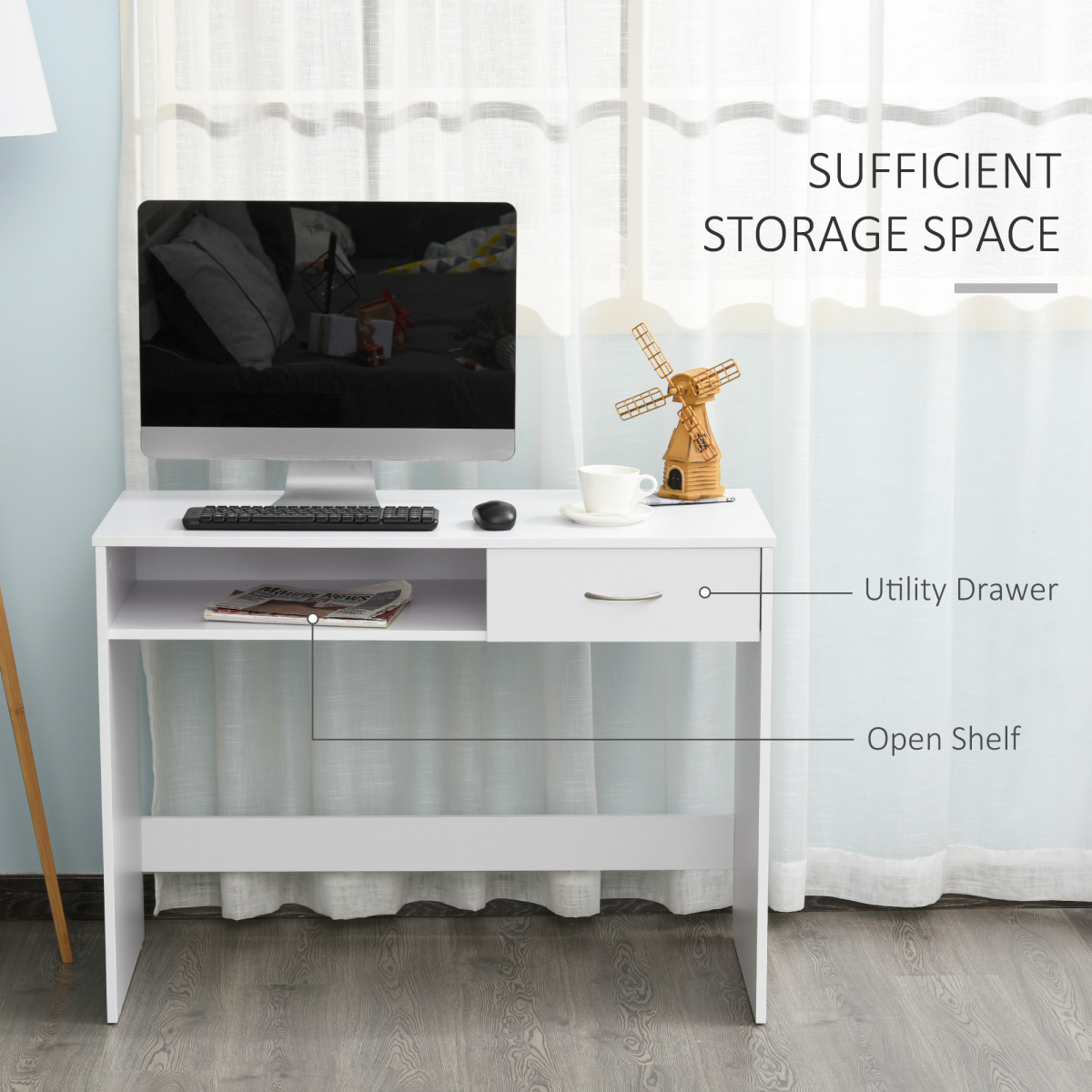 Modern Computer w/ Shelf Drawer Standing Writing Station White