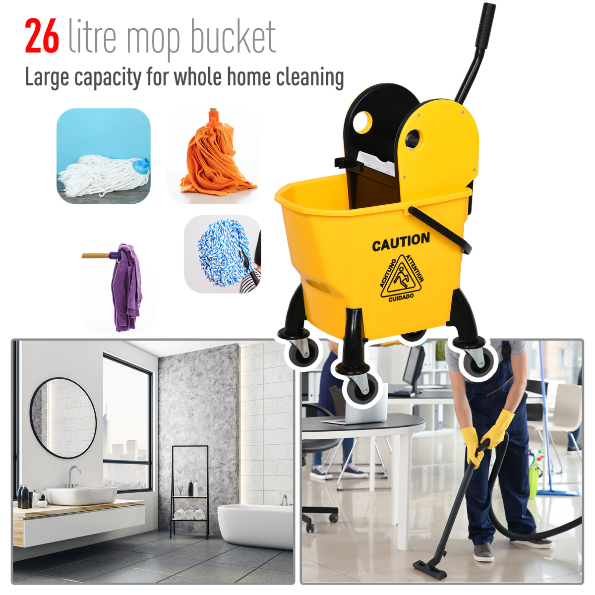 26L Mop Bucket & Water Wringer Wheels Plastic Body Metal Handle Yellow