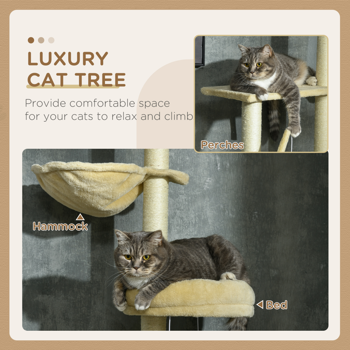 6-Tier Floor to Ceiling Cat Tree with Scratching Post, Bed, Hammock, Beige