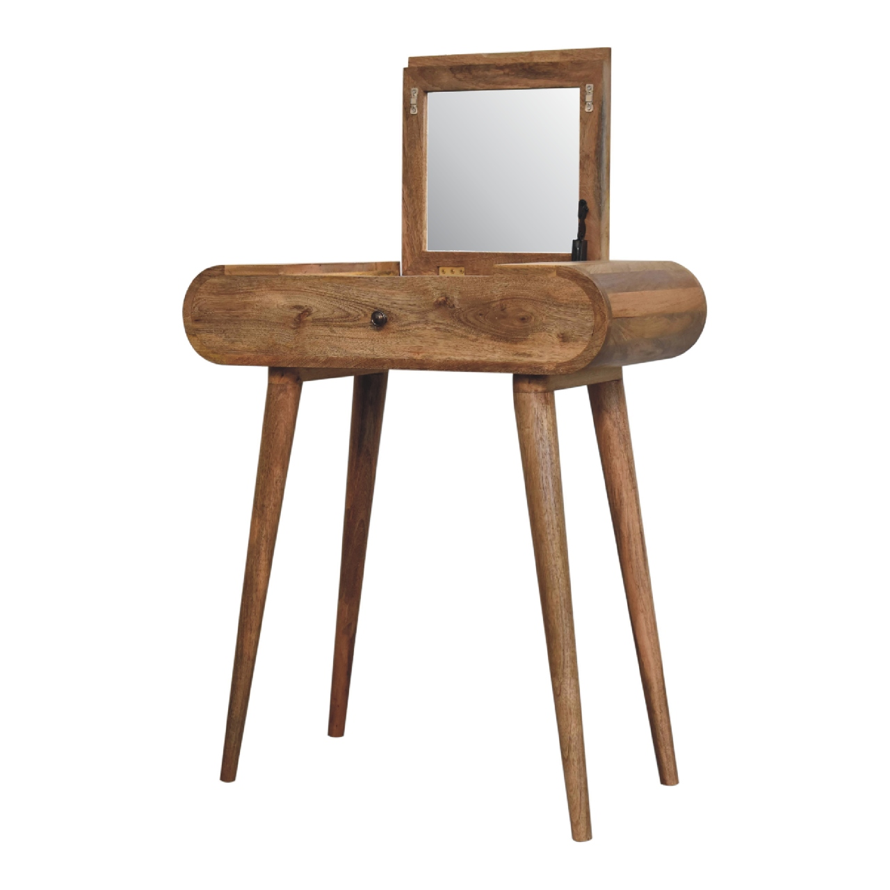 Artisan Furniture Solid Wood Mini Oak-ish Round Dressing Table, 4 Storage Compartments with mirror, Brown