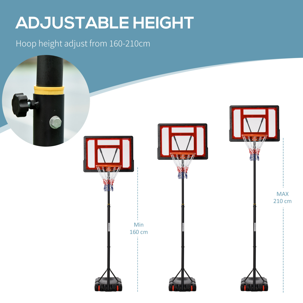 Portable Basketball Stand 160-210cm Adjustable Height Sturdy Rim Hoop Base Net