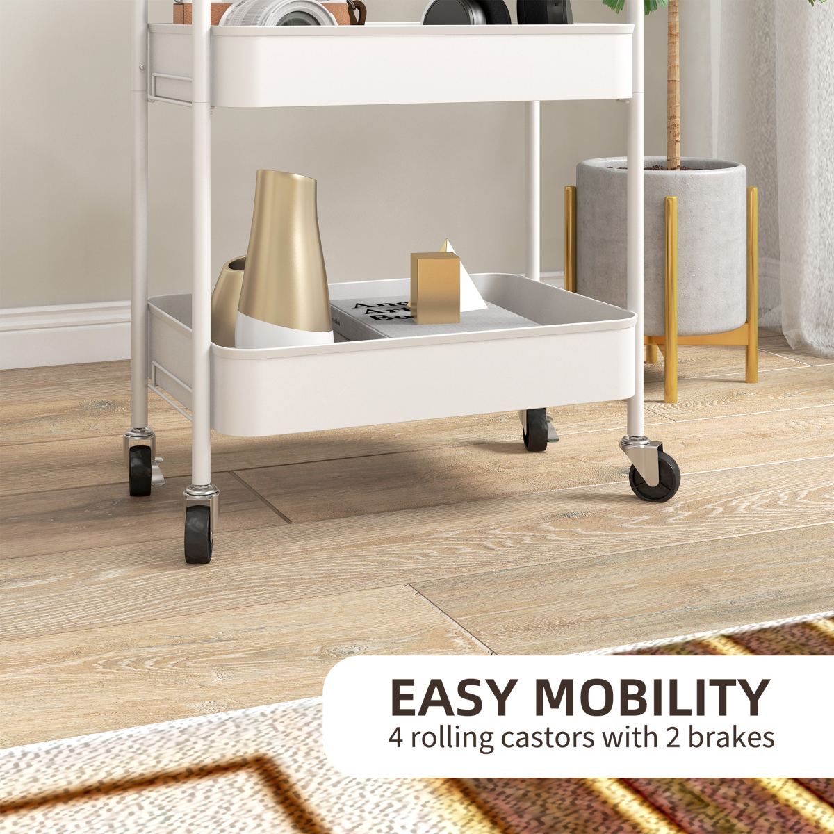 HOMCOM 3 Tier Rolling Utility Cart with 3 Mesh Basket, White
