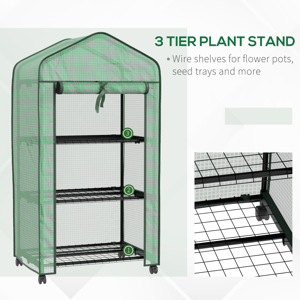 Outsunny Portable Mini Greenhouse with Roll-up Door and Wheels, Green