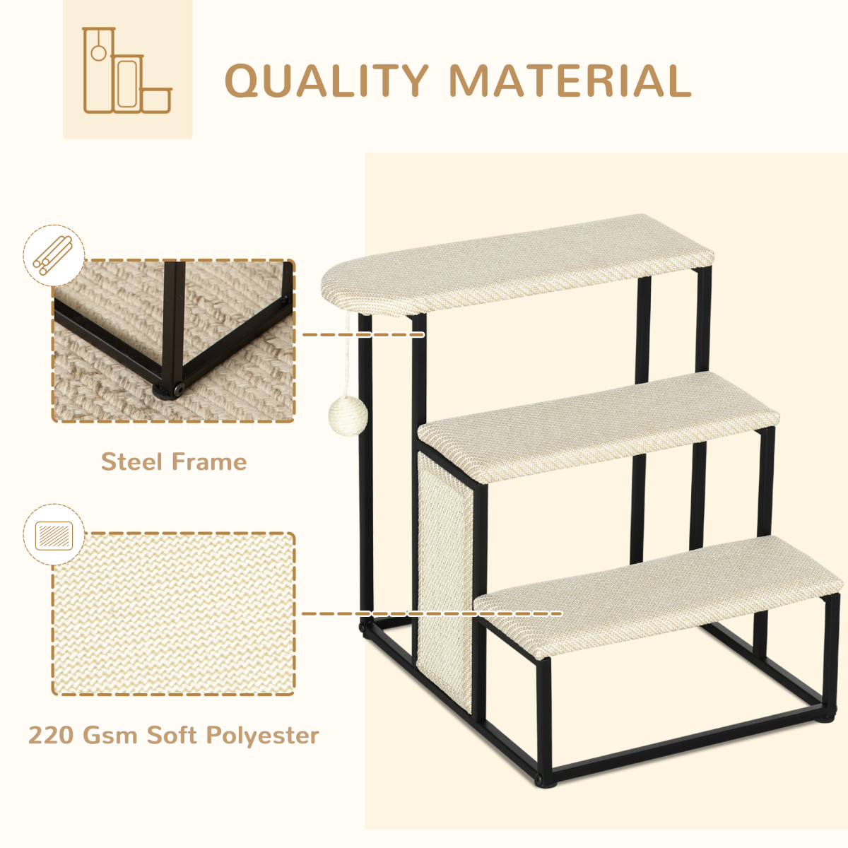 Cat Stairs w/ Sisal Scratching Board, Hanging Ball, Steel Frame - Cream Pawhut