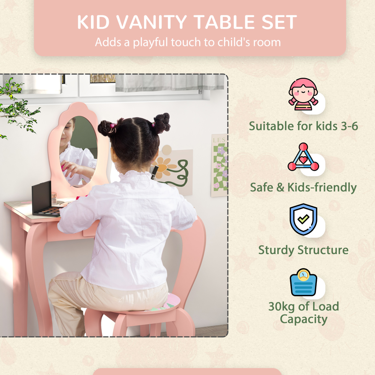 ZONEKIZ Kids Dressing Table with Mirror Stool Drawer, Cute Animal Design, Pink