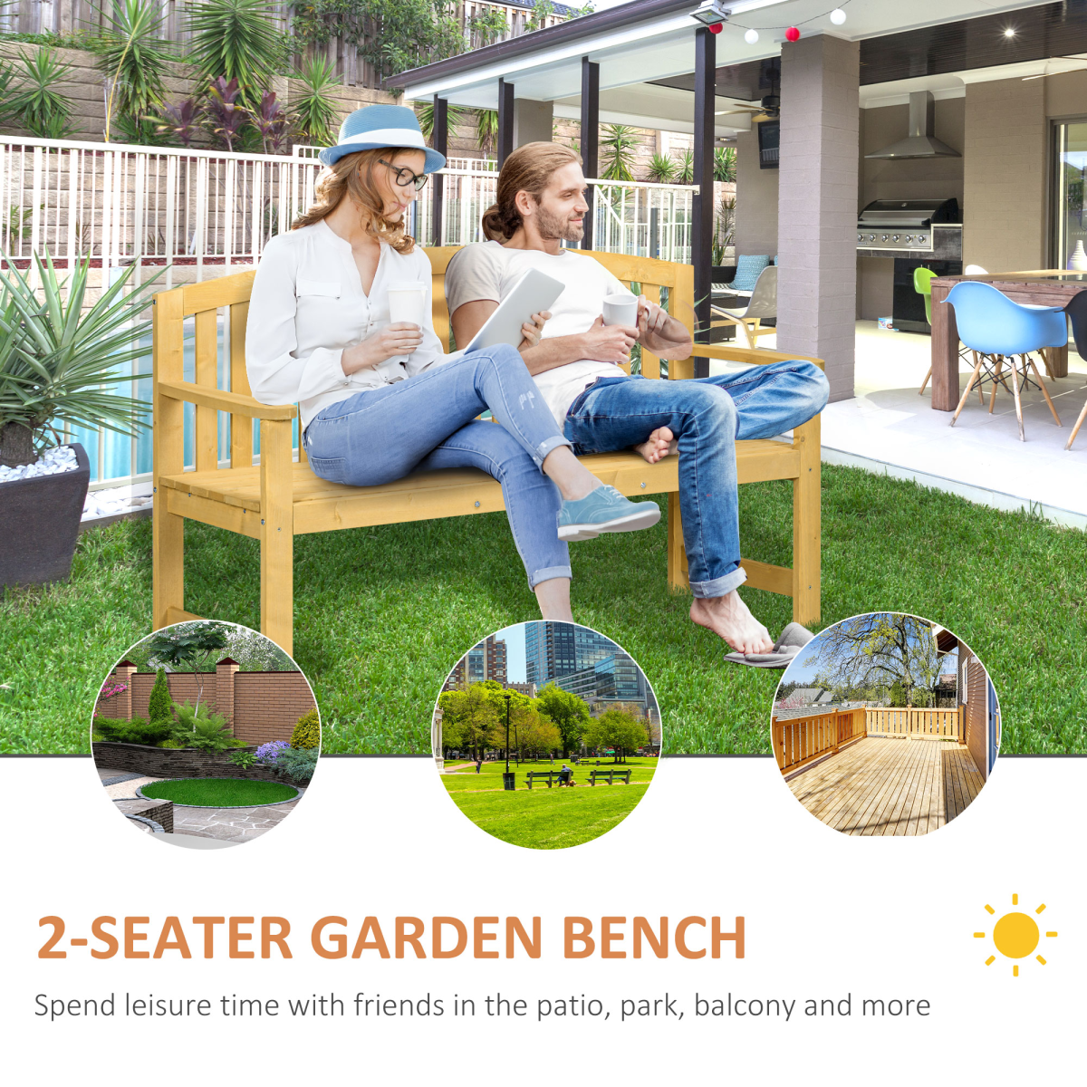 2 Person Garden Bench Wooden Outdoor Furniture with Armrest Orange