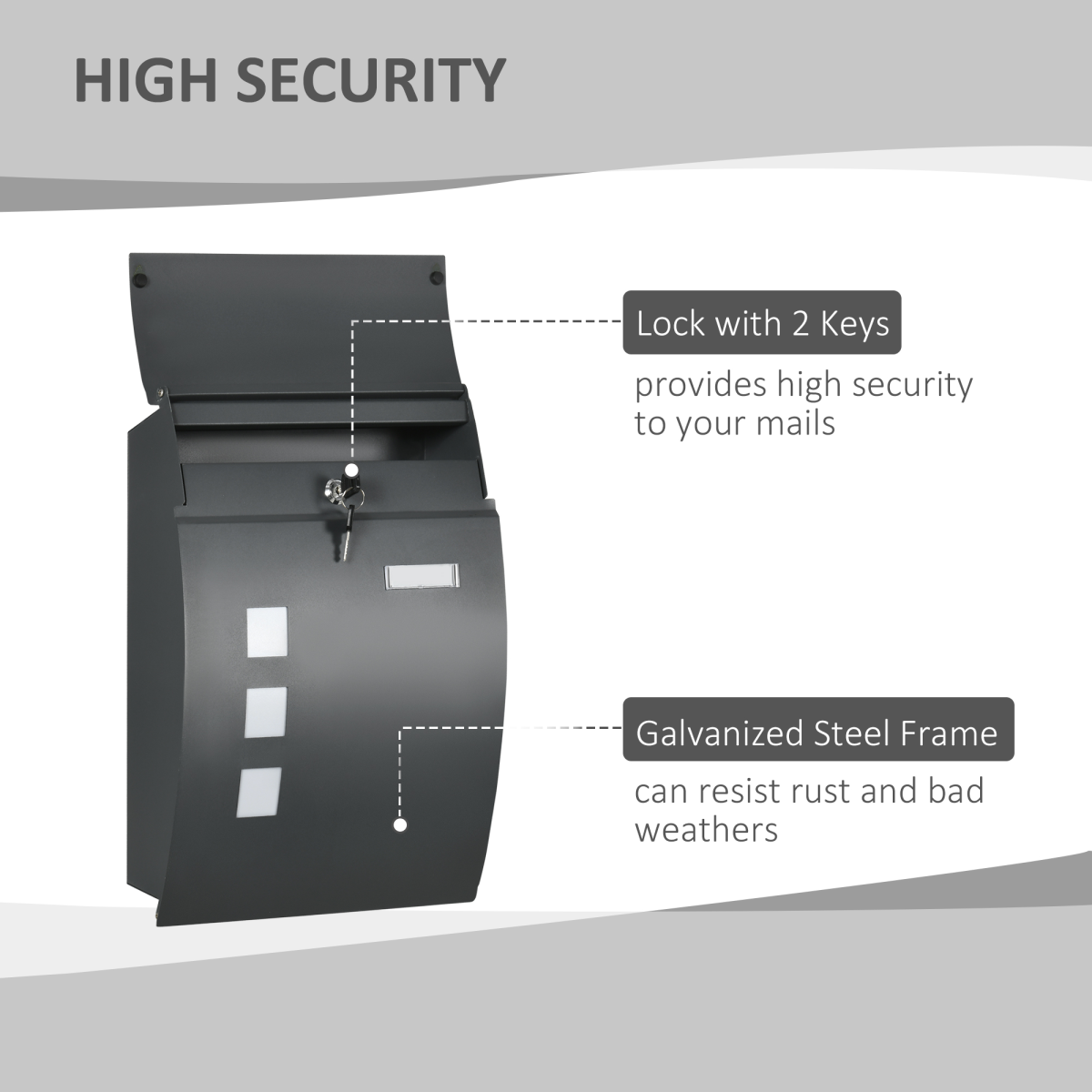 HOMCOM Weatherproof Wall Mounted Letter Box Post Box w/ Key Viewing Windows
