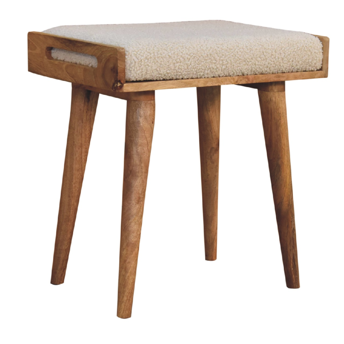 Artisan Furniture Solid Mango Wood Boucle Cream Tray Style Footstool