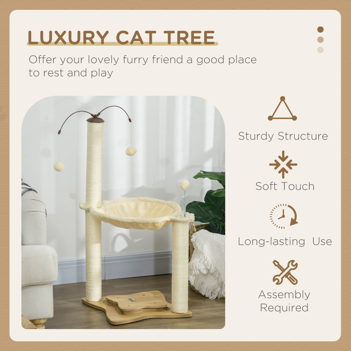 Cat Tree for Indoor Cats w/ Scratching Posts Hammock, Toy Ball - Beige Pawhut