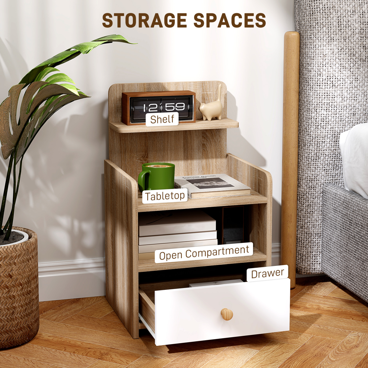 HOMCOM Bedside Table with Drawer for Bedroom, Living Room, Natural Wood Effect