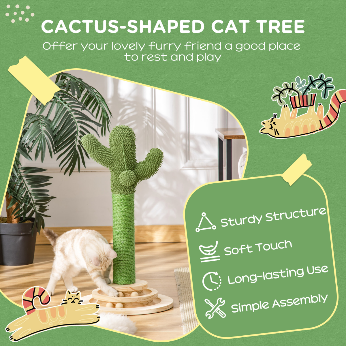 Cat Tree Cactus Sisal Scratching Post Interactive Fun Roller Exerciser Pawhut