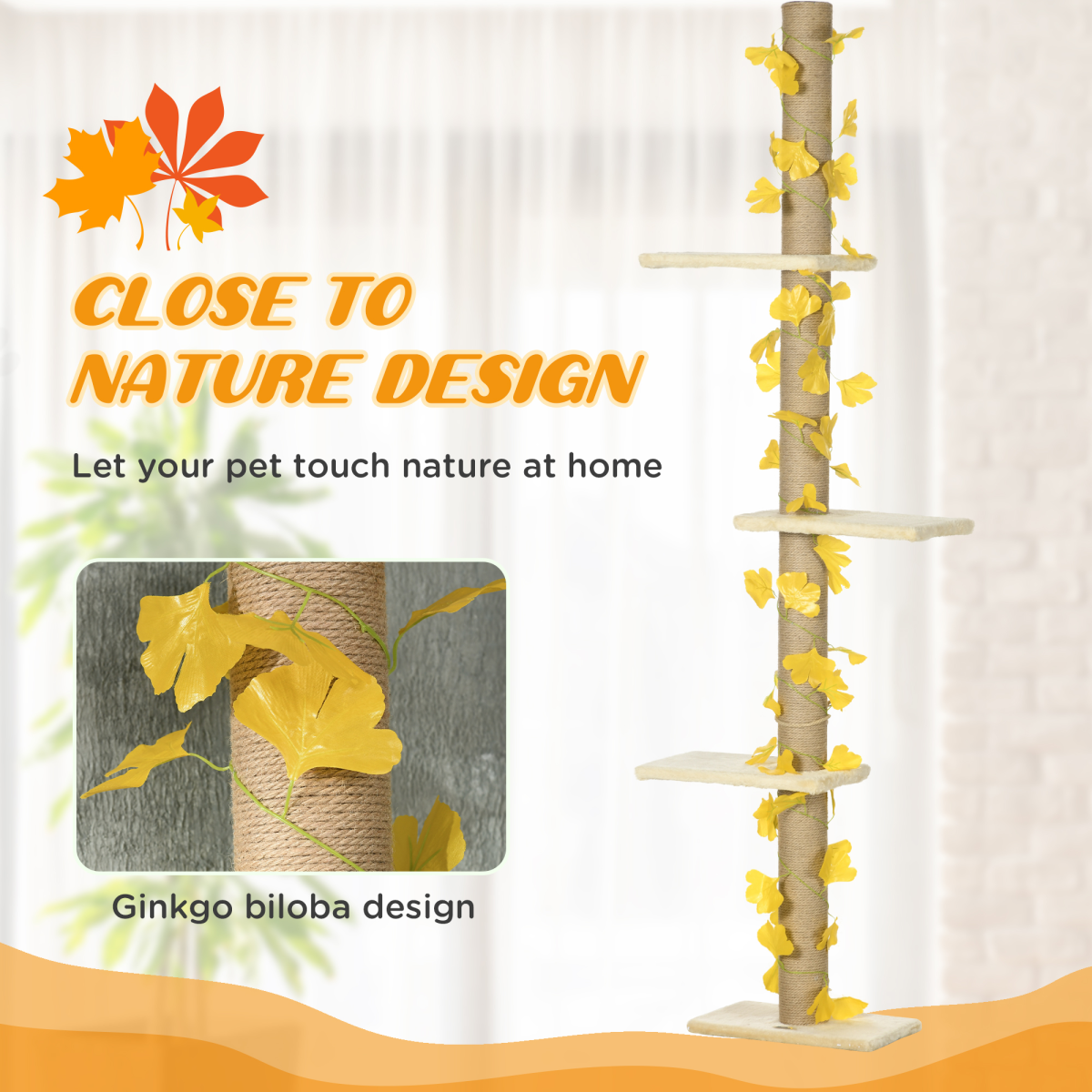 242cm Adjustable Floor-To-Ceiling Cat Tree w/ Anti-Slip Kit - Yellow