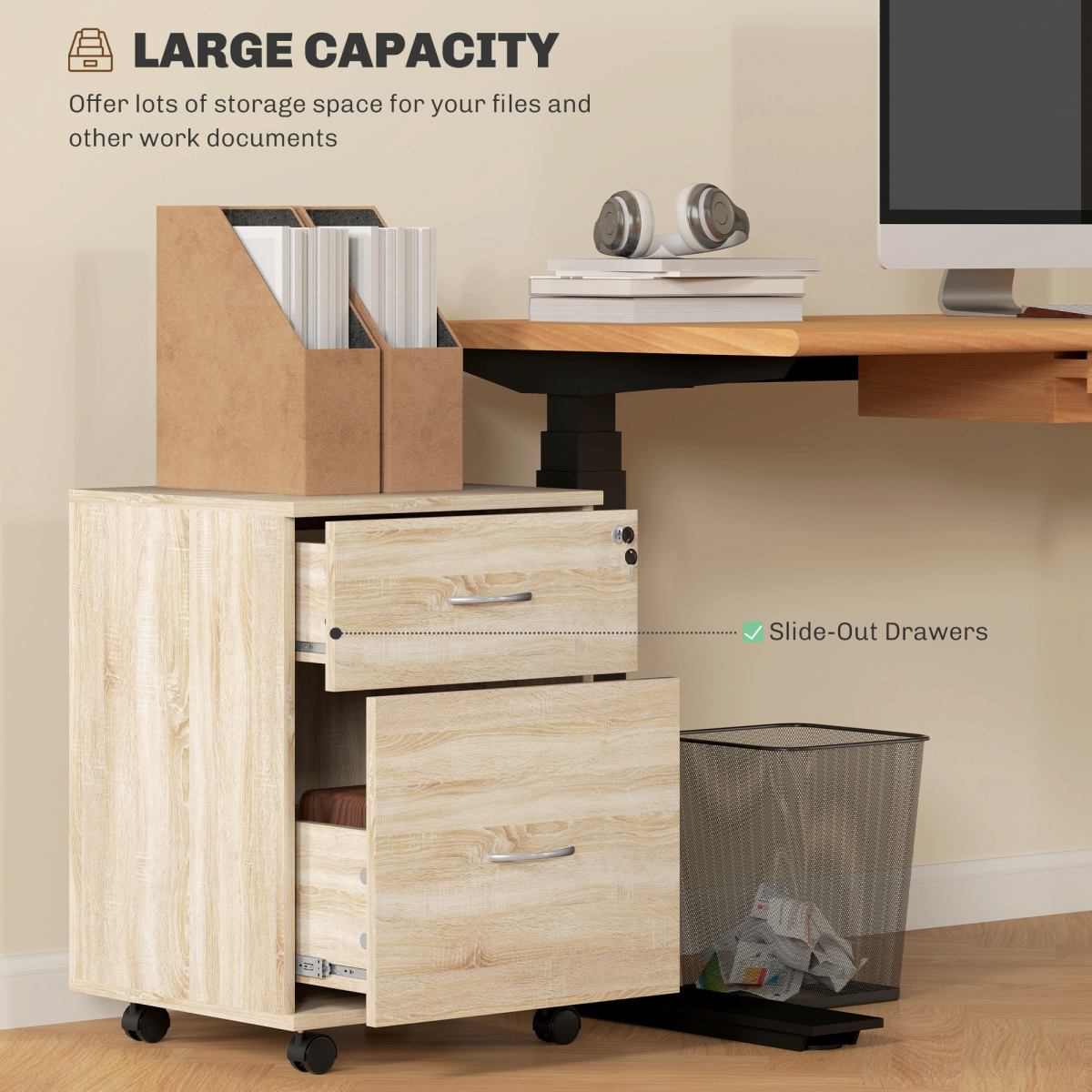 HOMCOM Pedestal Office Mobile Filing Cabinet 2 Drawer Wooden Storage Oak