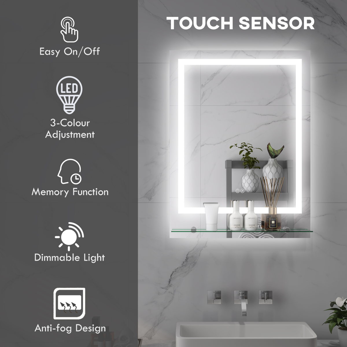 kleankin Dimmable Bathroom Mirror with LED Lights, Defogging Film, Clear