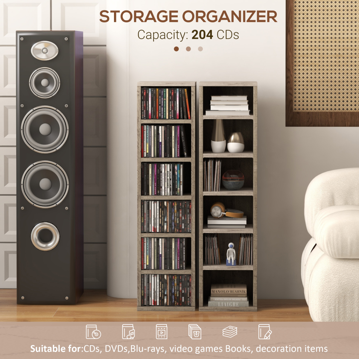 HOMCOM Set of 2 CD Media Display Shelf Unit Tower Rack Adjustable, Mocha Wood