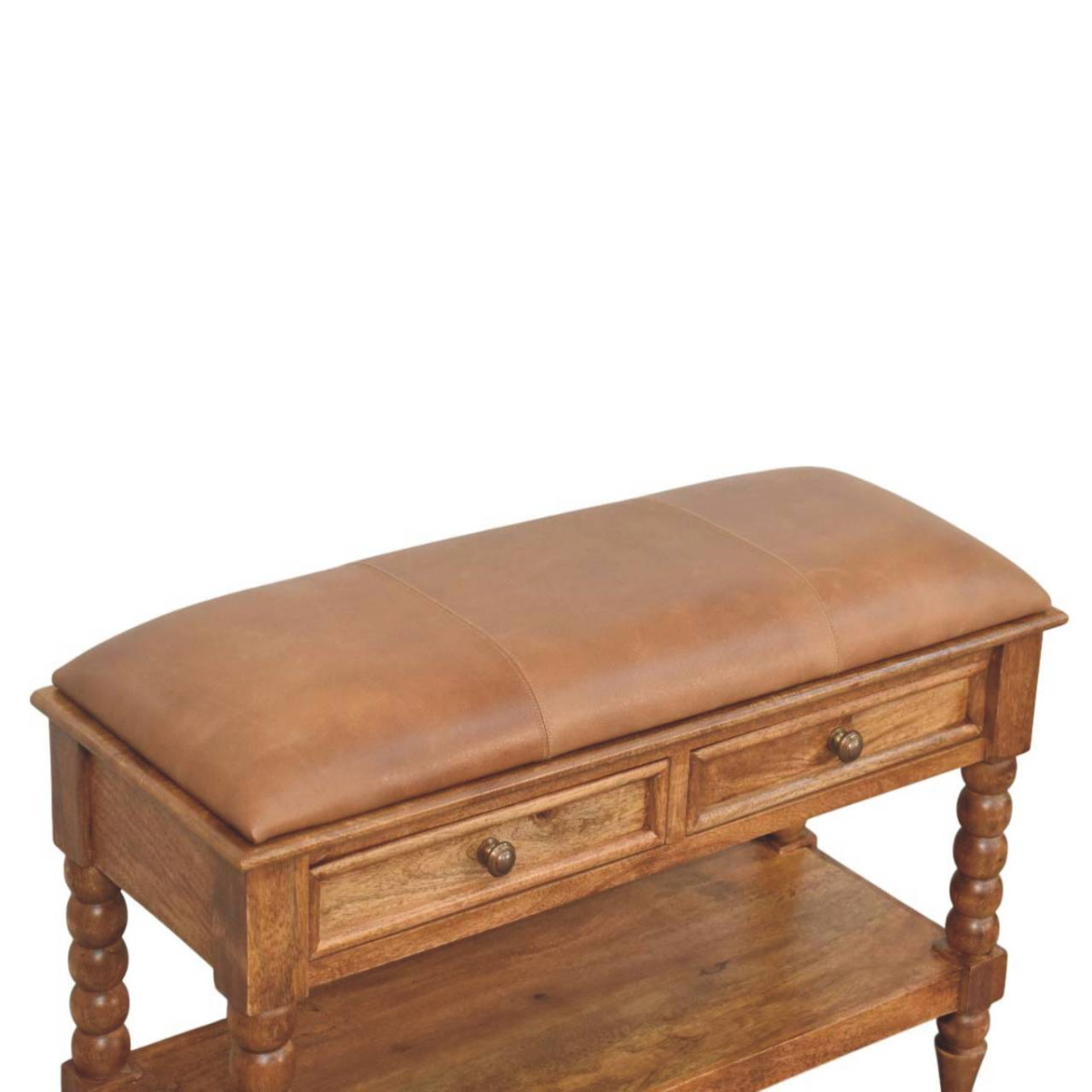 Artisan Furniture Solid Wood Upholstered Leather Spindle Bench, 2 Drawers, 1 Shelf, Brown
