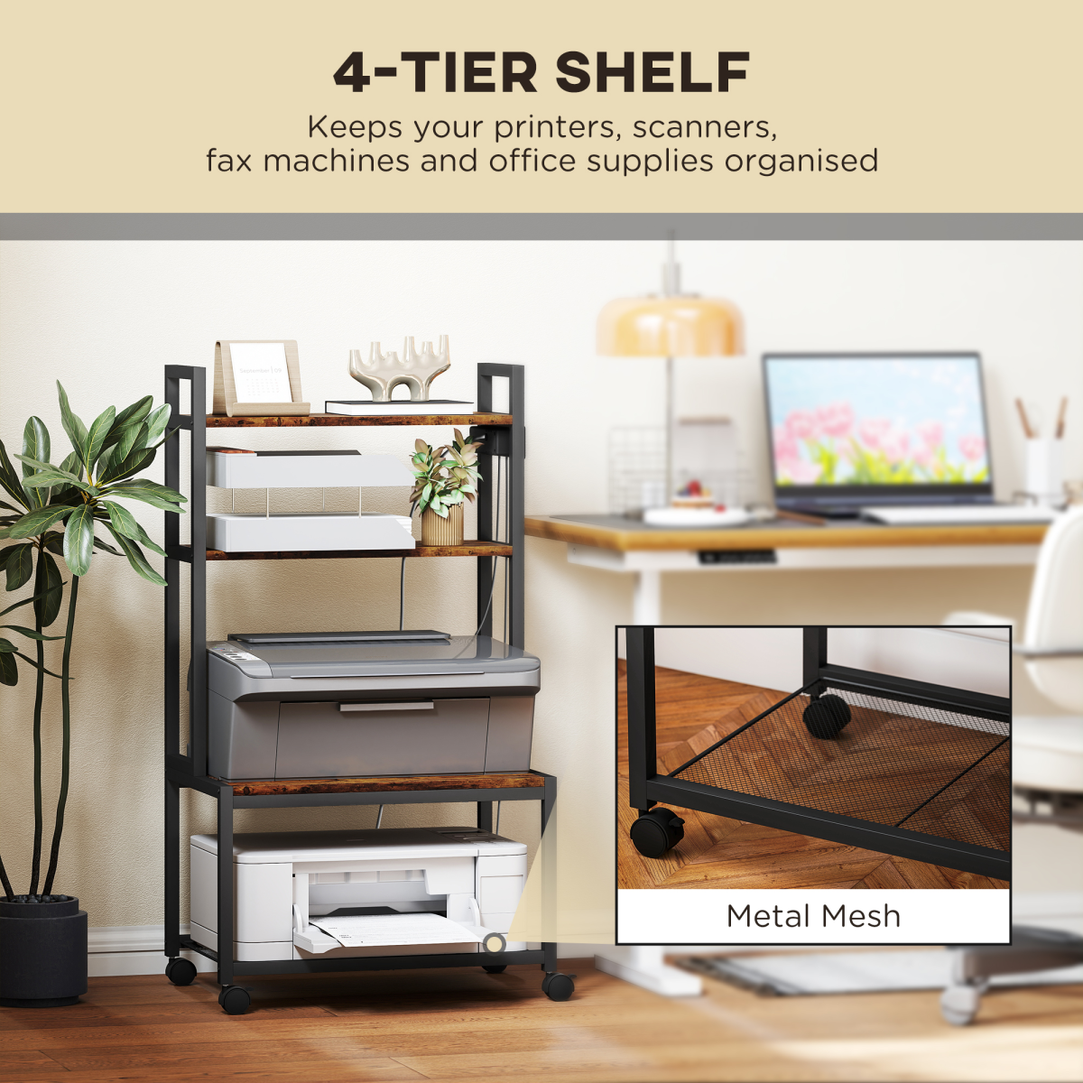 HOMCOM 4-Tier Mobile Printer Stand with Power Outlets for Home Office