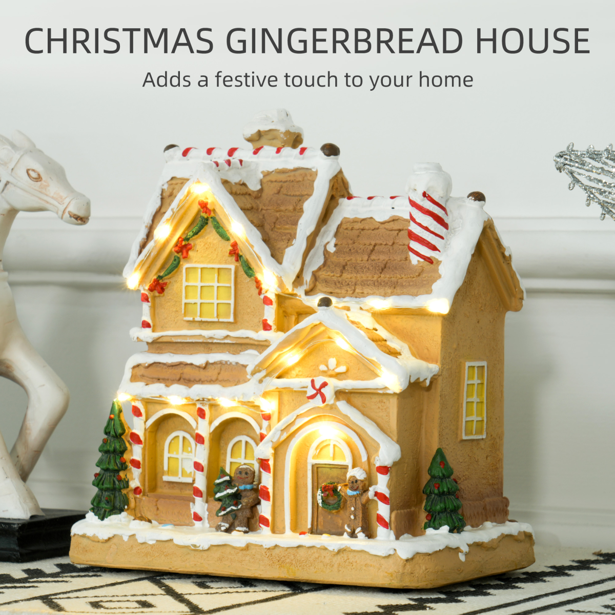 HOMCOM Lighted and Musical Christmas Candy House with Gingerbread Man Brown