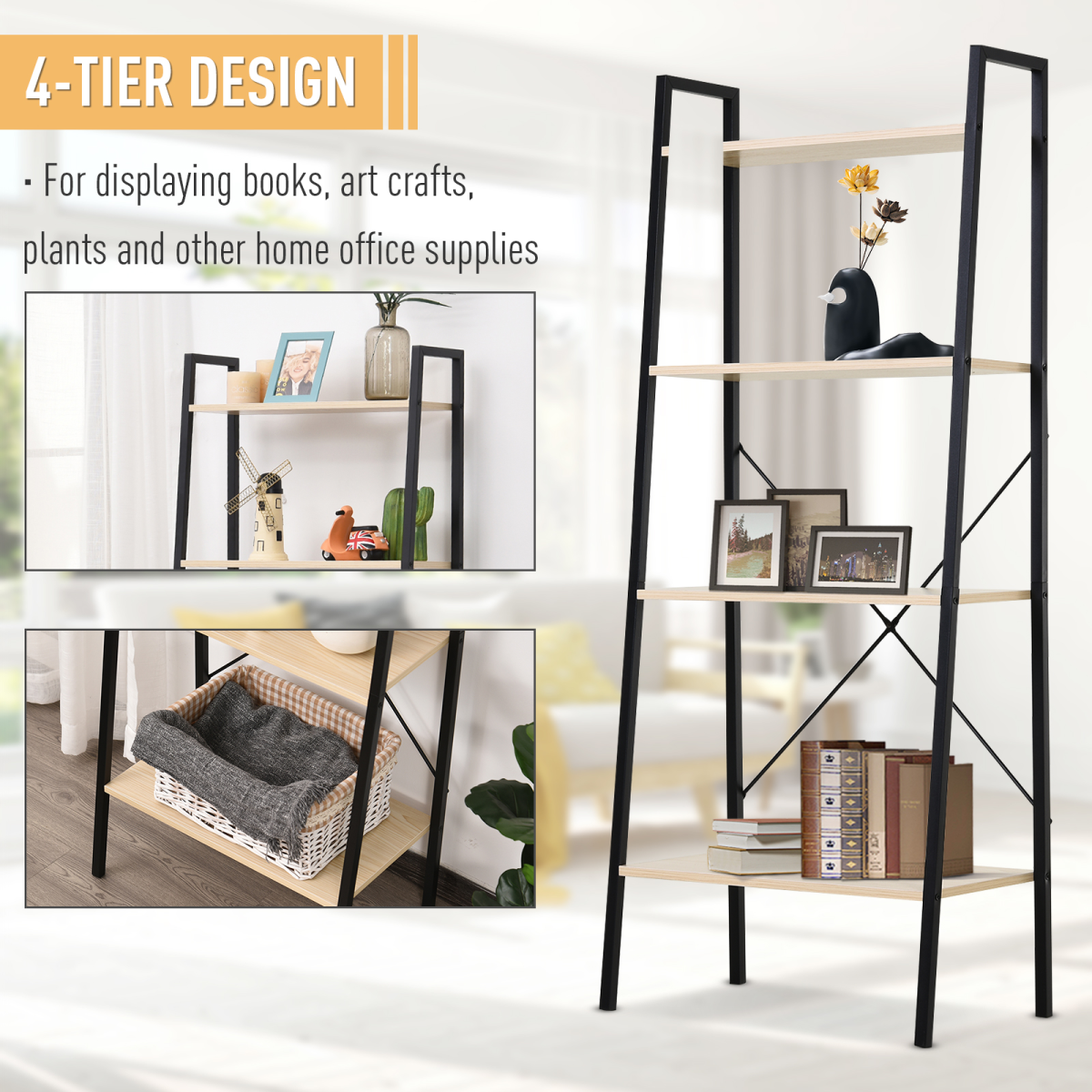 4-Tier Minimalistic Ladder Shelf Unit Steel Frame Home Display Storage