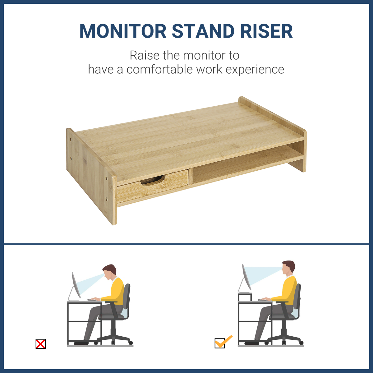 Monitor Riser Laptop PC Plinth Stand Desktop Organiser W/ Drawer Bamboo