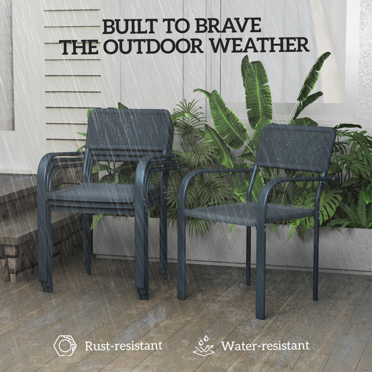 Outsunny Garden Chairs Set of 4, Stackable & Rattan Effect, Dark Grey
