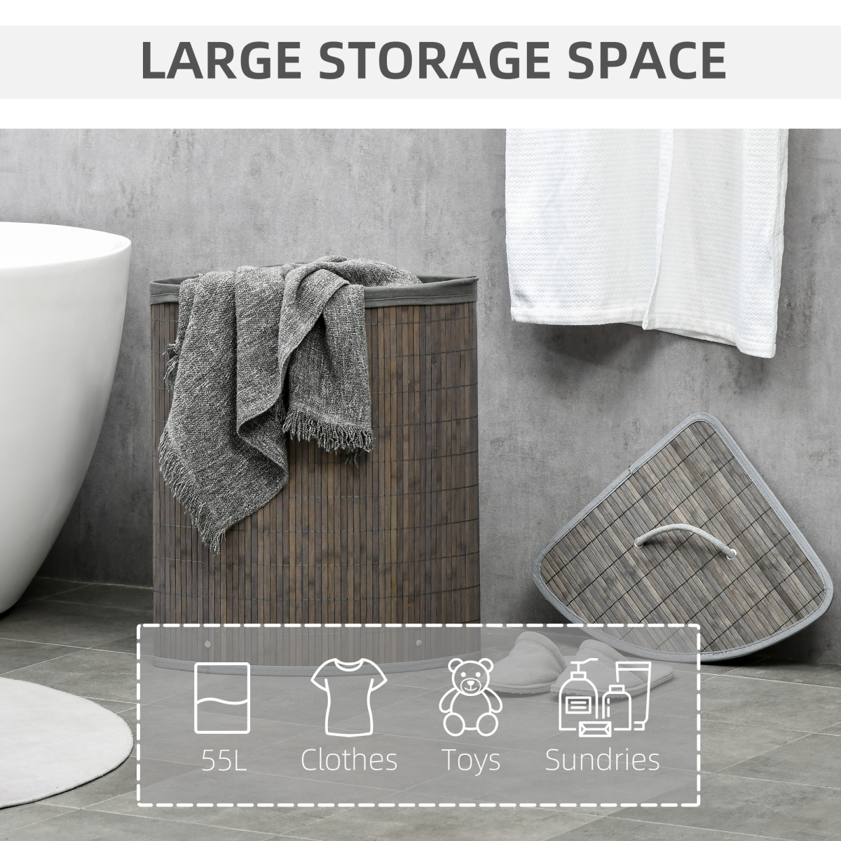 55L Bamboo Corner Laundry Hamper Bamboo Laundry Basket 38x38x57cm Grey HOMCOM