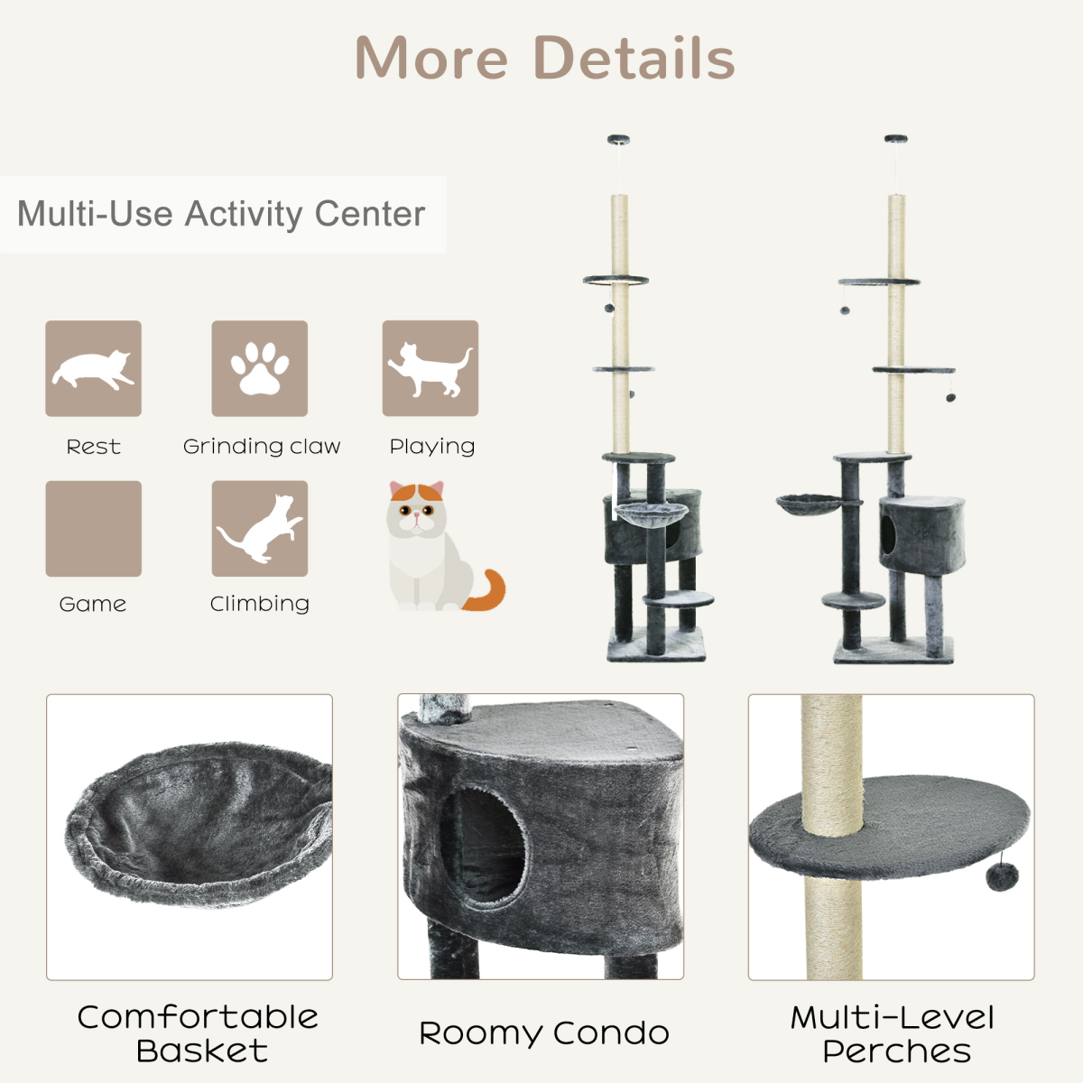 5-Tier Grey Sisal Multi-Level Cat Tree Tower with Scratching Posts Pawhut