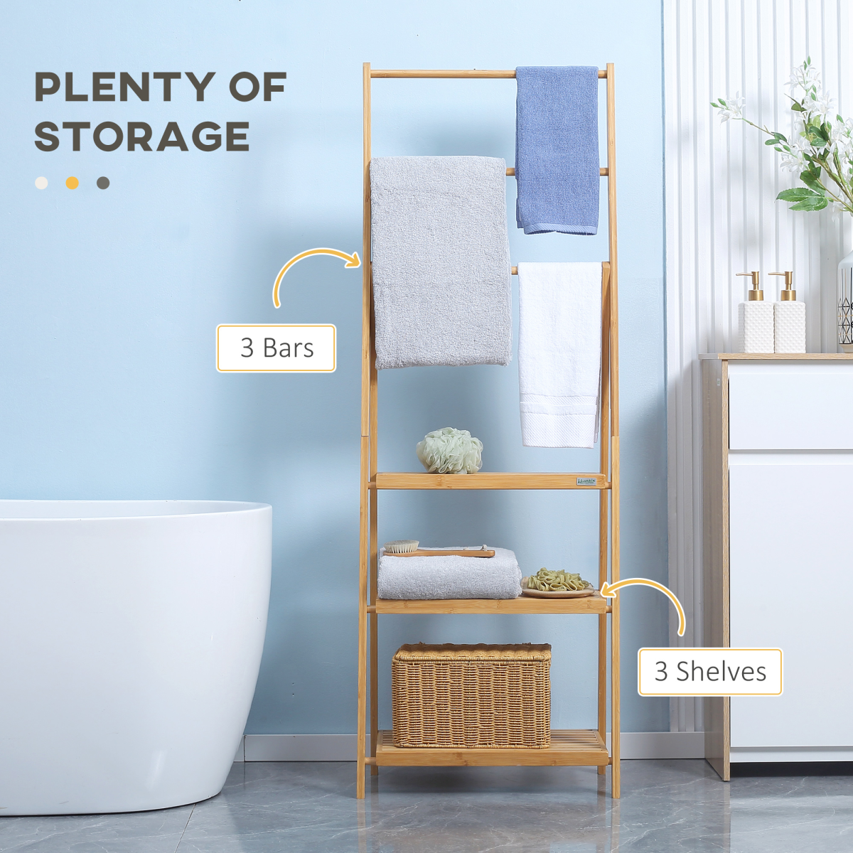 Freestanding Foldable Bamboo Towel Rack with 3 Bars and Shelves for Bathroom
