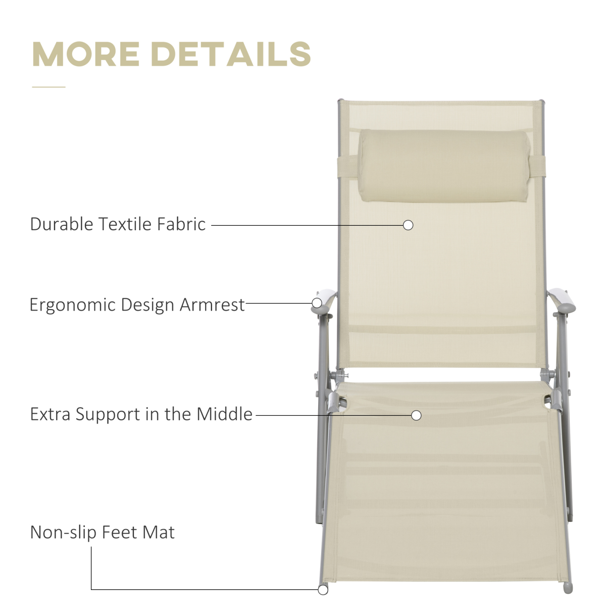 Sun Lounger Folding Chaise Chair Recliner & 7 Adjustable Backrest - Beige