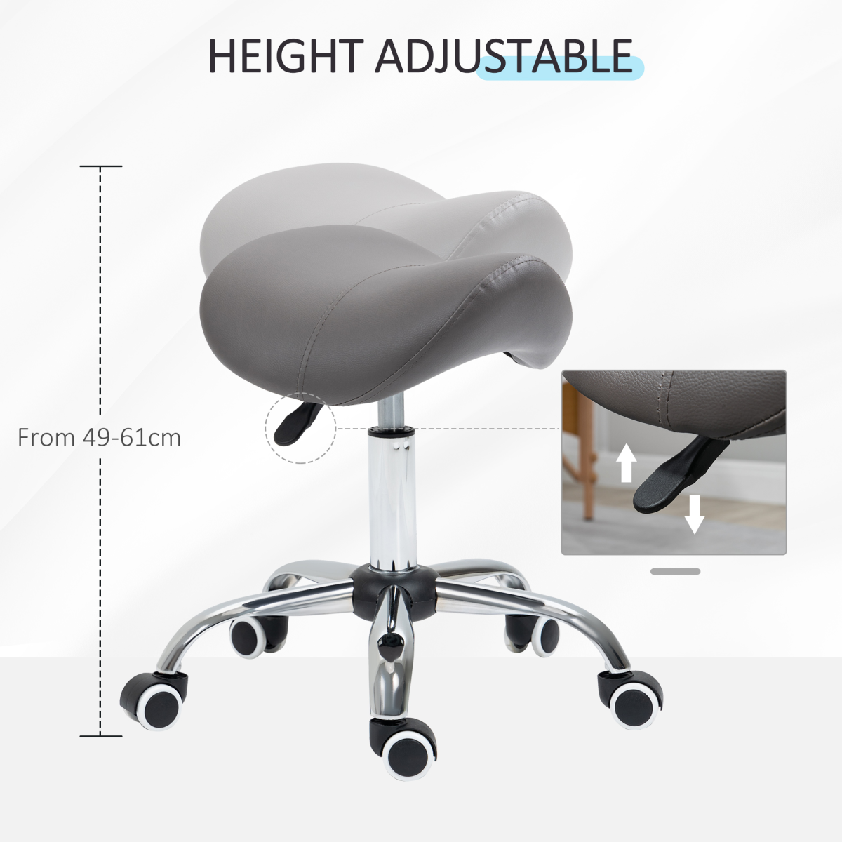 HOMCOM PU Leather Saddle Stool w/ Moulded Padded Seat Adjustable Height Grey