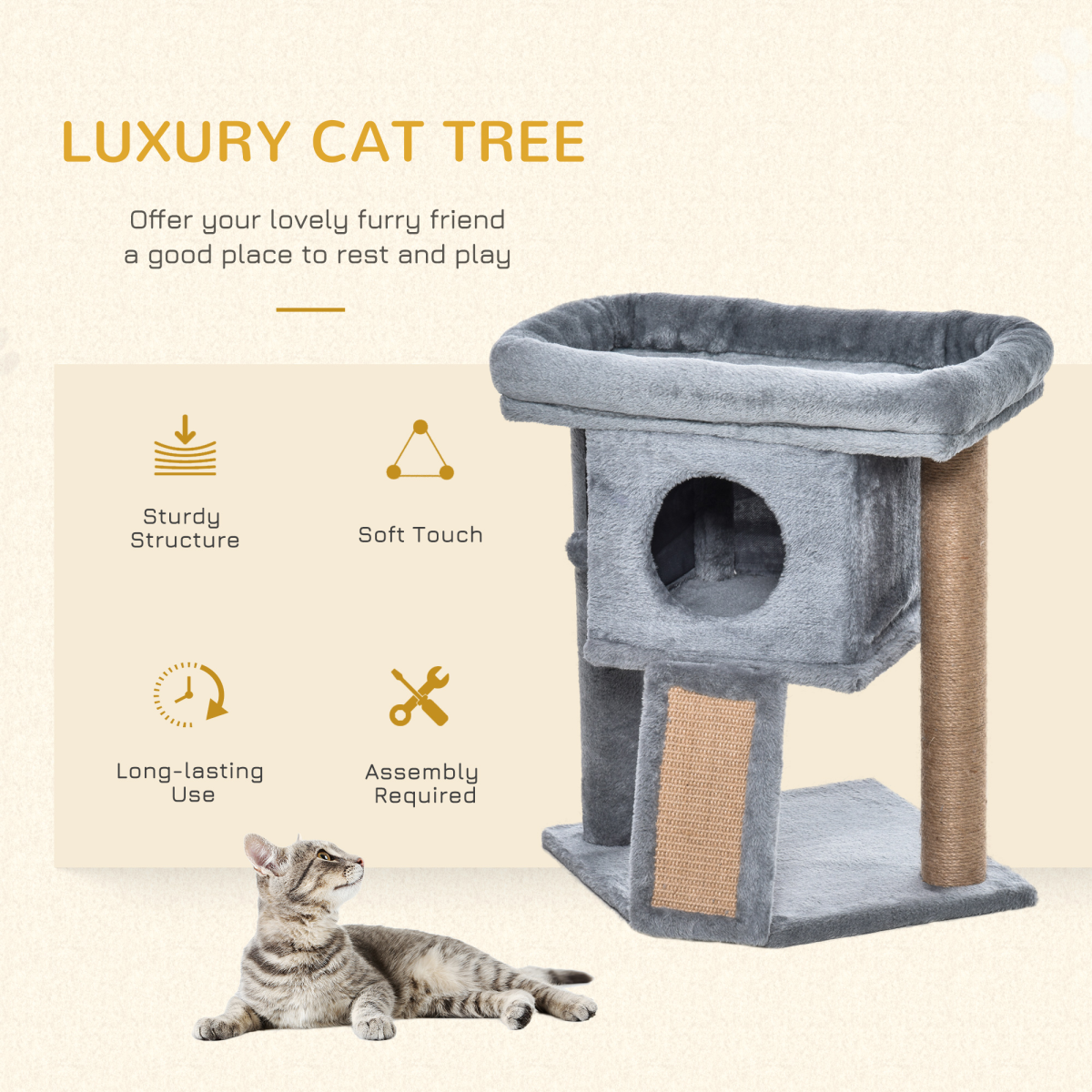 Cat Tree Activity Centre W/ Scratching Pad, Toy Ball, Cat House - Grey Pawhut