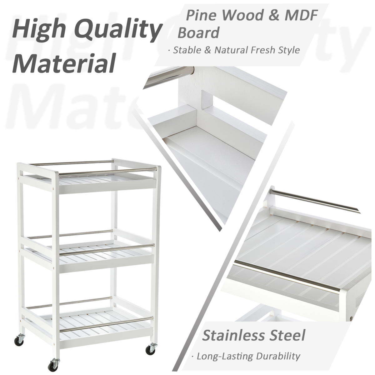 Pine Wood 3-Tier Kitchen Trolley White