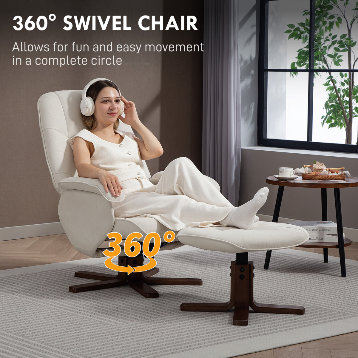 HOMCOM Swivel Recliner Chair with Footstool and Wooden Base, Beige