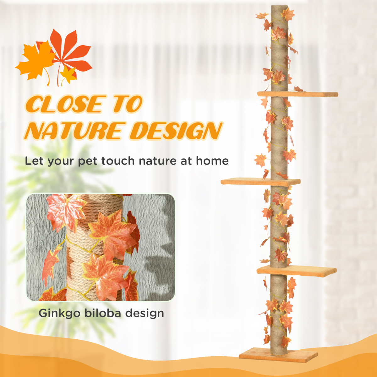 242cm Adjustable Floor-To-Ceiling Cat Tree w/ Anti-Slip Kit - Orange