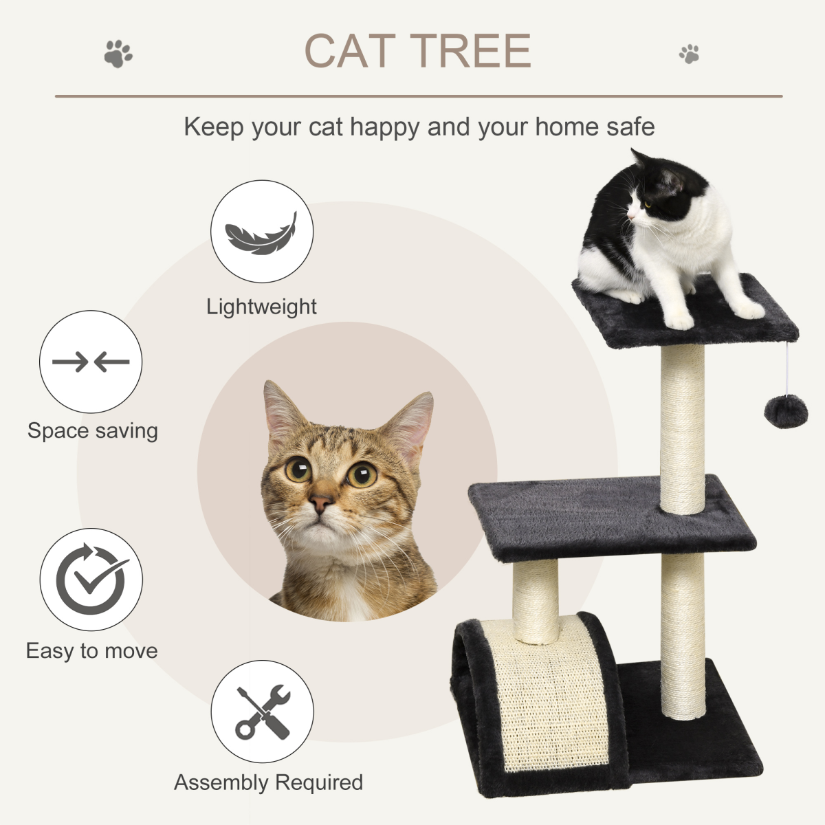 Cat Tree Activity Center Scratching Posts Sisal Arc Hanging Ball Grey Pawhut