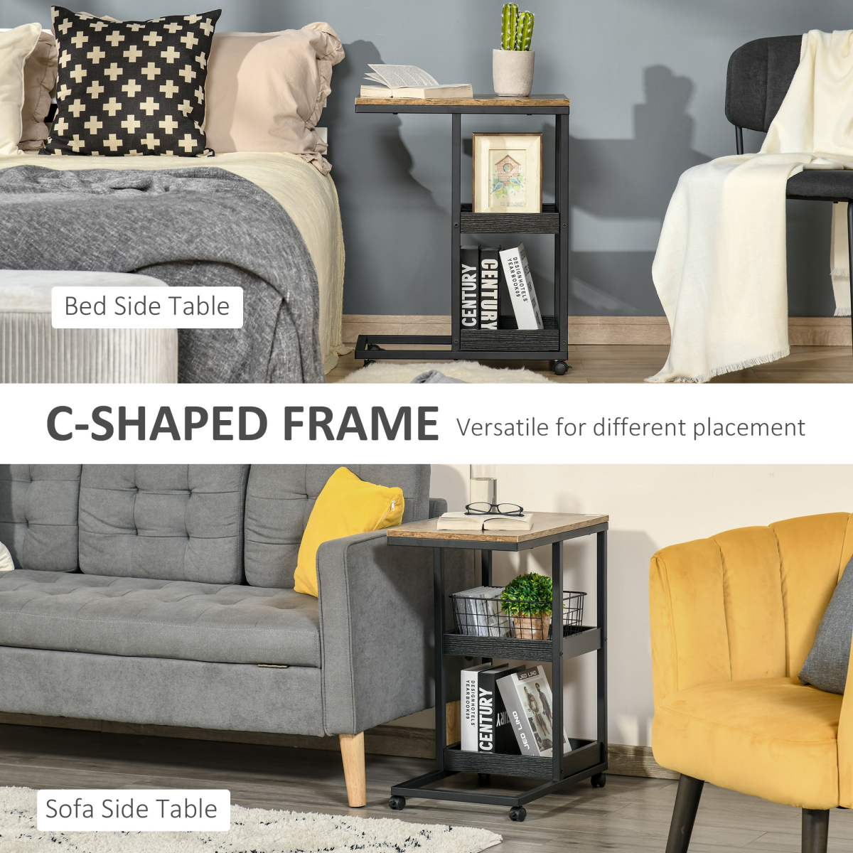 C-Shaped Mobile Couch Bed Side Table w/ 3-tier Storage Shelf - Brown HOMCOM