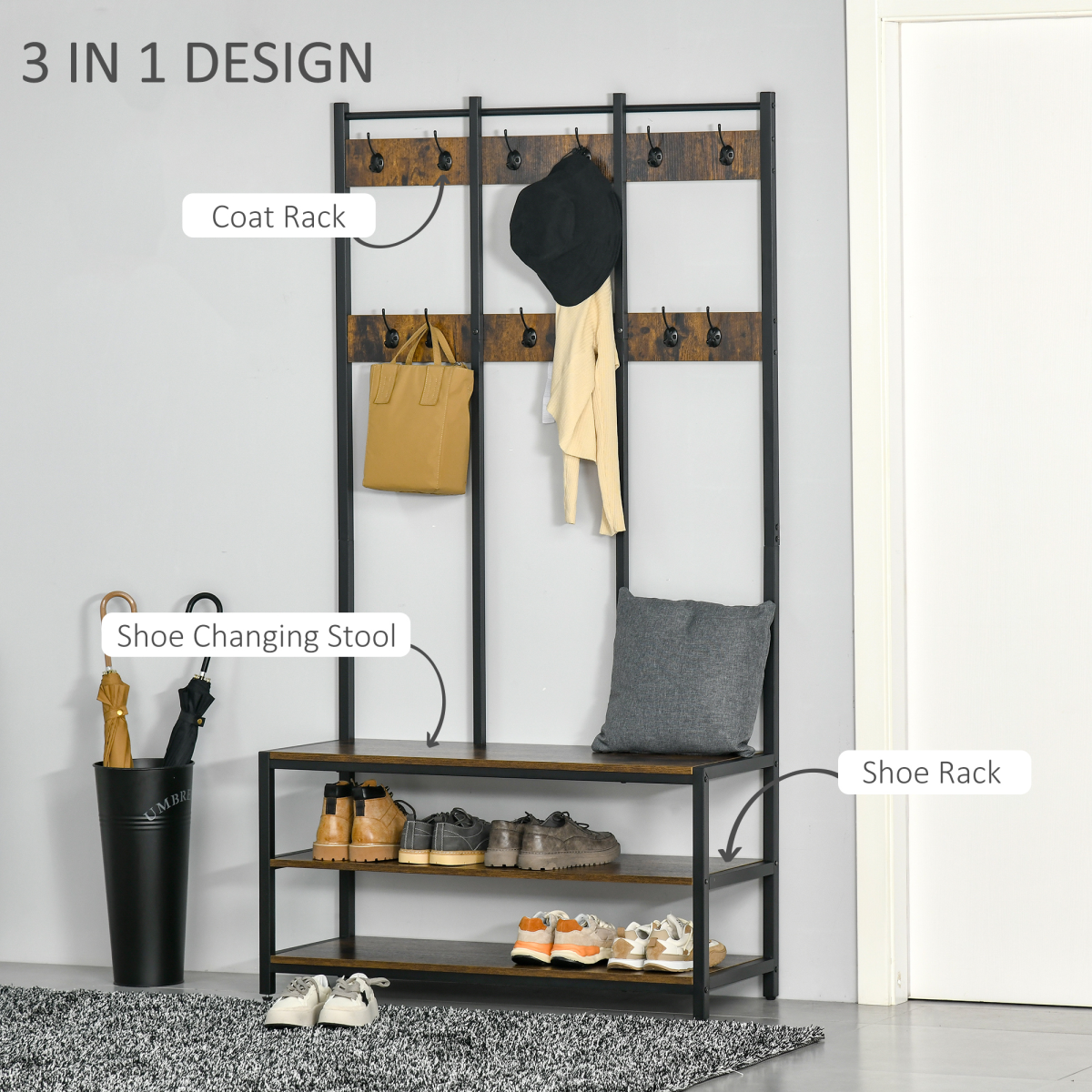 Entryway Coat Rack Hall Tree Shoe Bench 3 in 1 Design Metal Rack HOMCOM