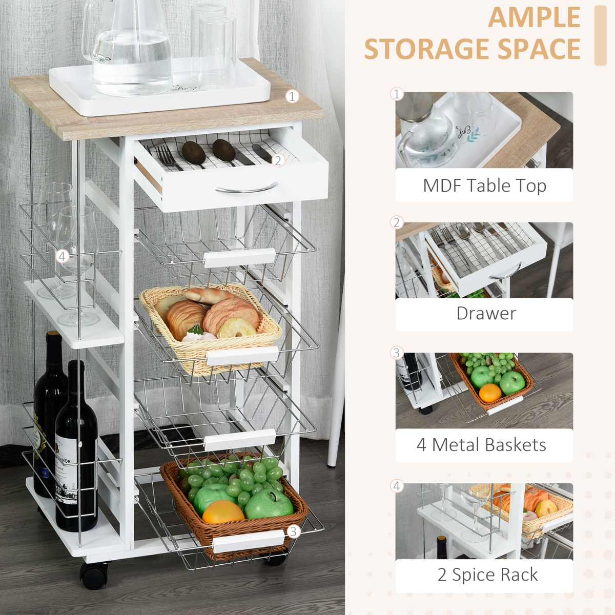 Multi-Use Kitchen Island Trolley 4 Baskets 2 Side Racks Drawer Wheels White