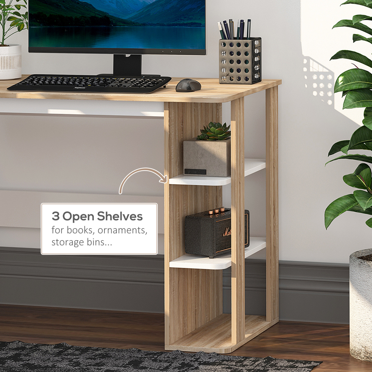 Duo Work Desk & 3-Tier Side Shelves Wide Table Sturdy Frame 2-In-1