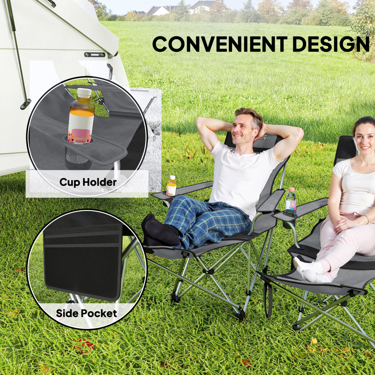 Outsunny Set of 2 Reclining Camping Chairs, Grey and Black